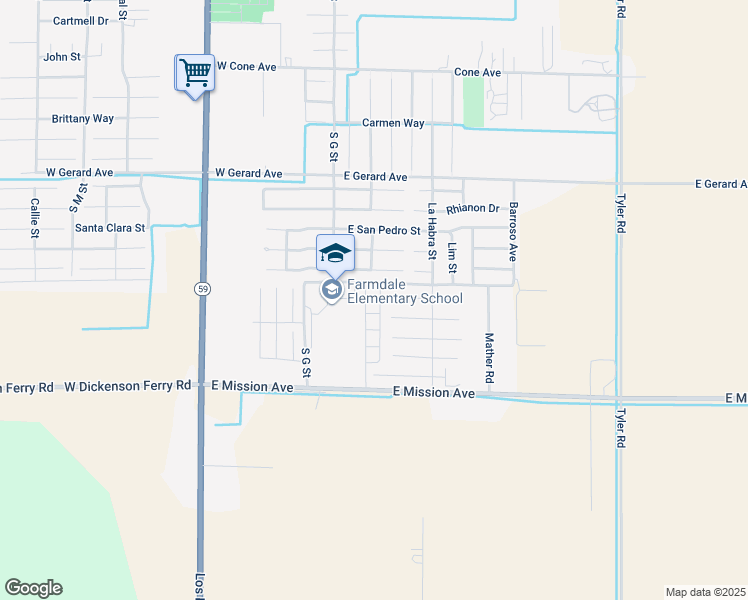 map of restaurants, bars, coffee shops, grocery stores, and more near 132 Ornelas Trail Lane in Merced