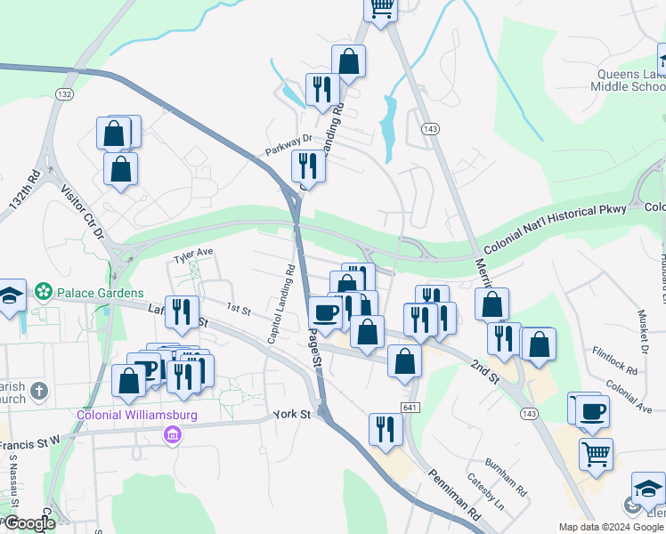 map of restaurants, bars, coffee shops, grocery stores, and more near 712 Monumental Avenue in Williamsburg