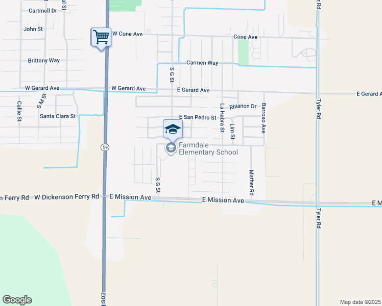 map of restaurants, bars, coffee shops, grocery stores, and more near 122 Ornelas Trail Lane in Merced