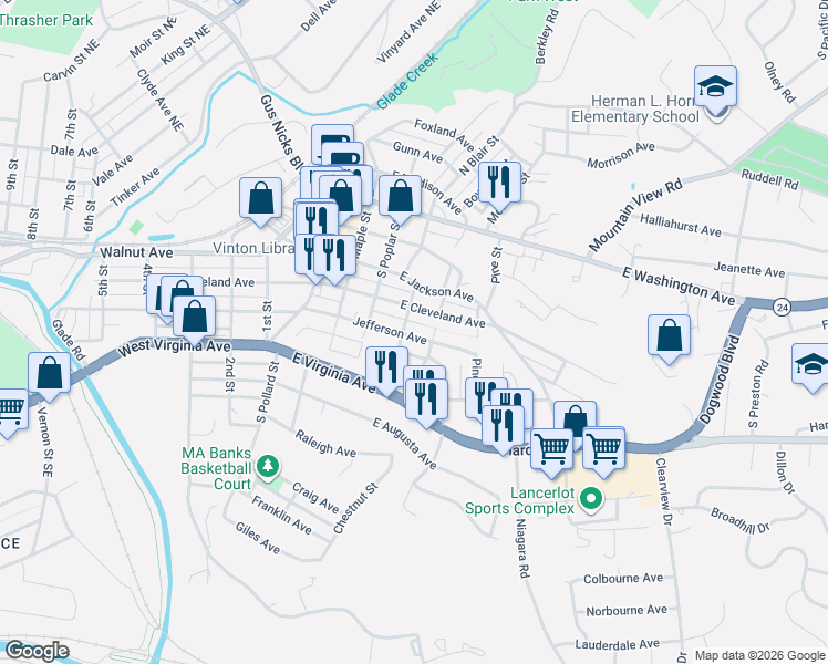 map of restaurants, bars, coffee shops, grocery stores, and more near 404-408 Jefferson Avenue in Vinton