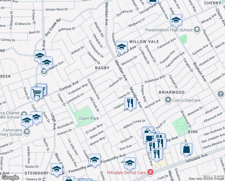 map of restaurants, bars, coffee shops, grocery stores, and more near 1737 Lorenzen Drive in San Jose