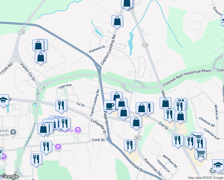 map of restaurants, bars, coffee shops, grocery stores, and more near 712 Monumental Avenue in Williamsburg
