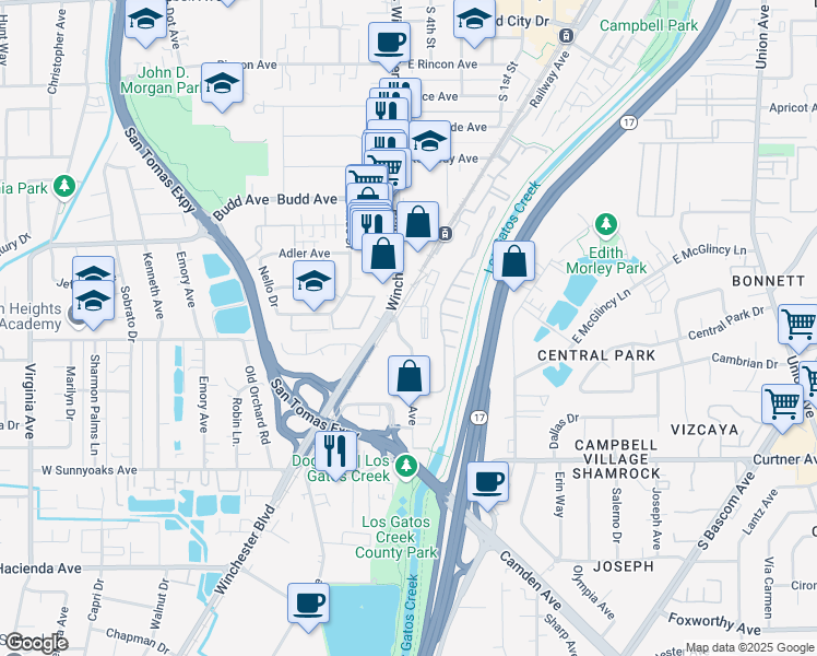 map of restaurants, bars, coffee shops, grocery stores, and more near 743 Camden Avenue in Campbell
