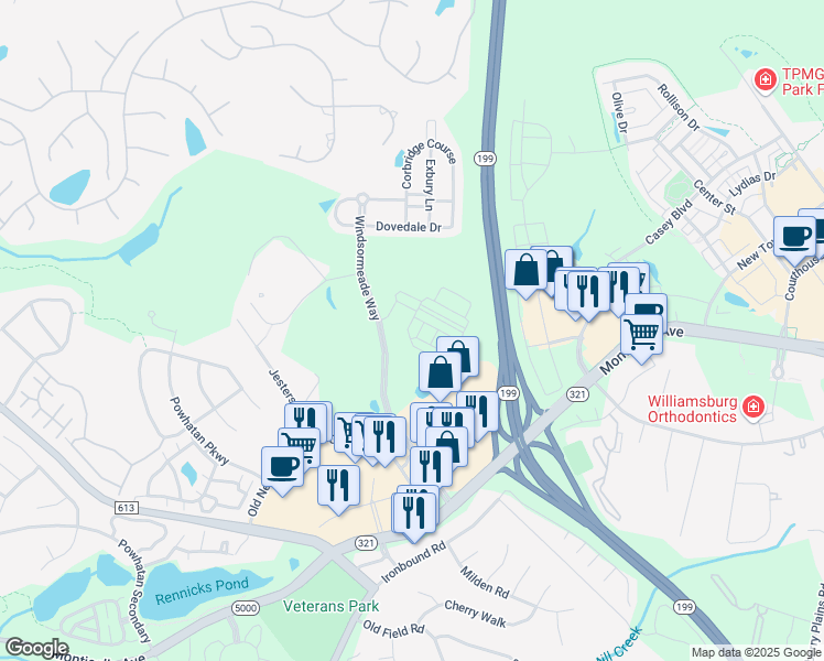 map of restaurants, bars, coffee shops, grocery stores, and more near 503 Thomas Stone Drive in Williamsburg