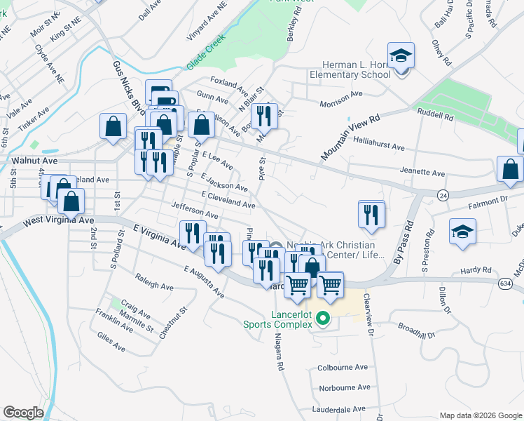 map of restaurants, bars, coffee shops, grocery stores, and more near 801 Bedford Road in Vinton