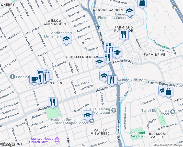 map of restaurants, bars, coffee shops, grocery stores, and more near 1223 Willo Mar Drive in San Jose