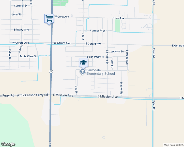map of restaurants, bars, coffee shops, grocery stores, and more near 122 Ornelas Trail Lane in Merced