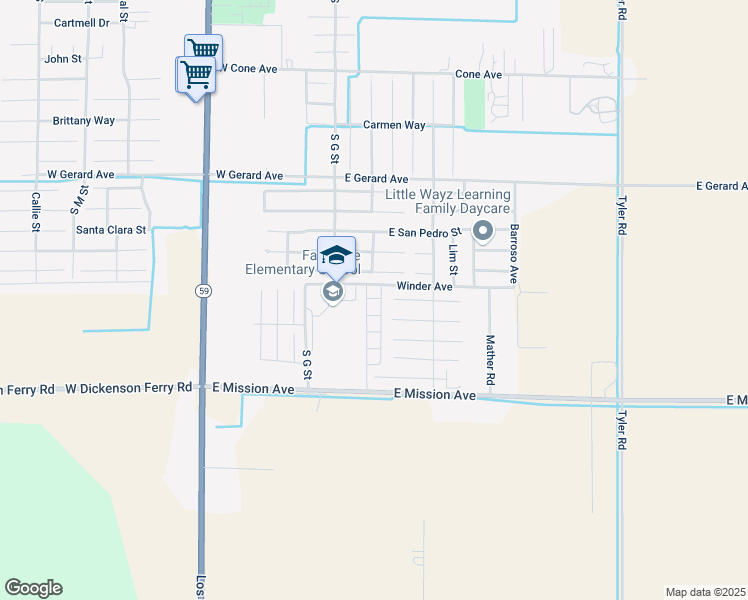 map of restaurants, bars, coffee shops, grocery stores, and more near 132 Ornelas Trail Lane in Merced