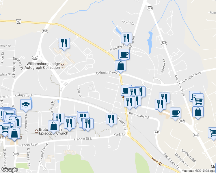 map of restaurants, bars, coffee shops, grocery stores, and more near 113 Washington Street in Williamsburg