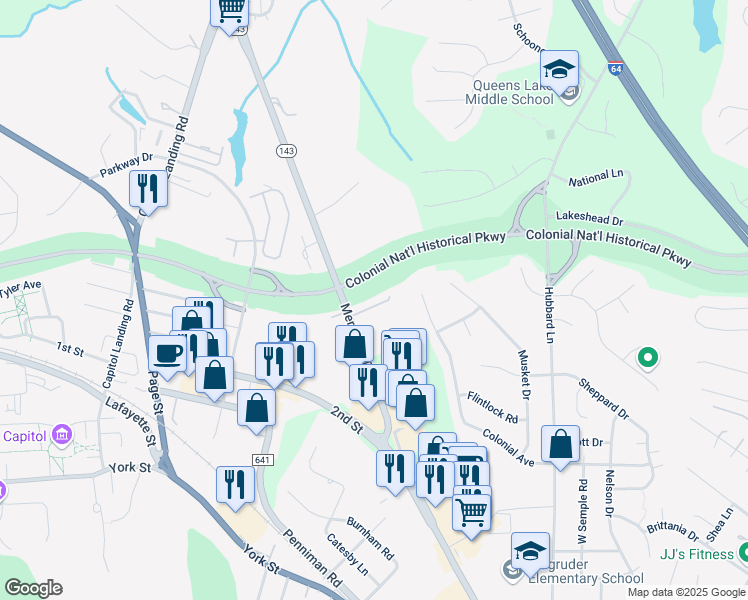 map of restaurants, bars, coffee shops, grocery stores, and more near 27 Priorslee Lane in Williamsburg