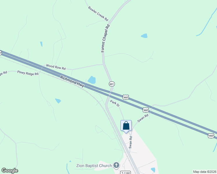 map of restaurants, bars, coffee shops, grocery stores, and more near State Route 601 in Appomattox