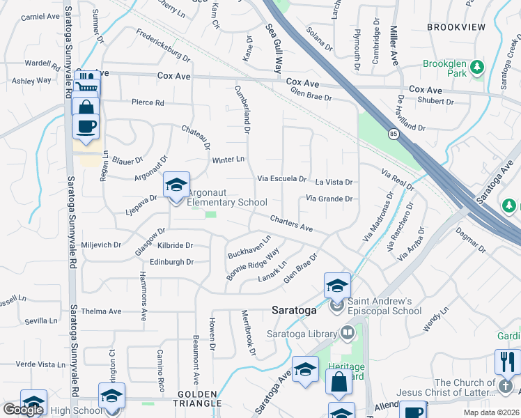 map of restaurants, bars, coffee shops, grocery stores, and more near 13196 Cumberland Drive in Saratoga