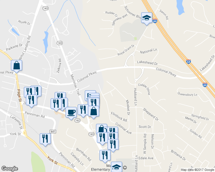 map of restaurants, bars, coffee shops, grocery stores, and more near 607 Musket Drive in Williamsburg