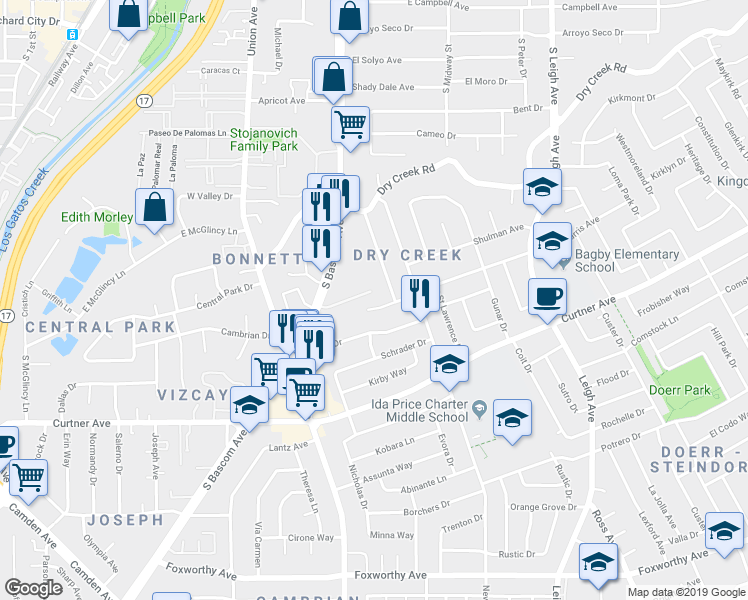 map of restaurants, bars, coffee shops, grocery stores, and more near 1993 Harris Avenue in San Jose