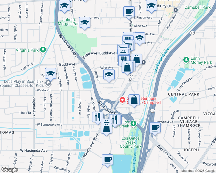 map of restaurants, bars, coffee shops, grocery stores, and more near in Campbell