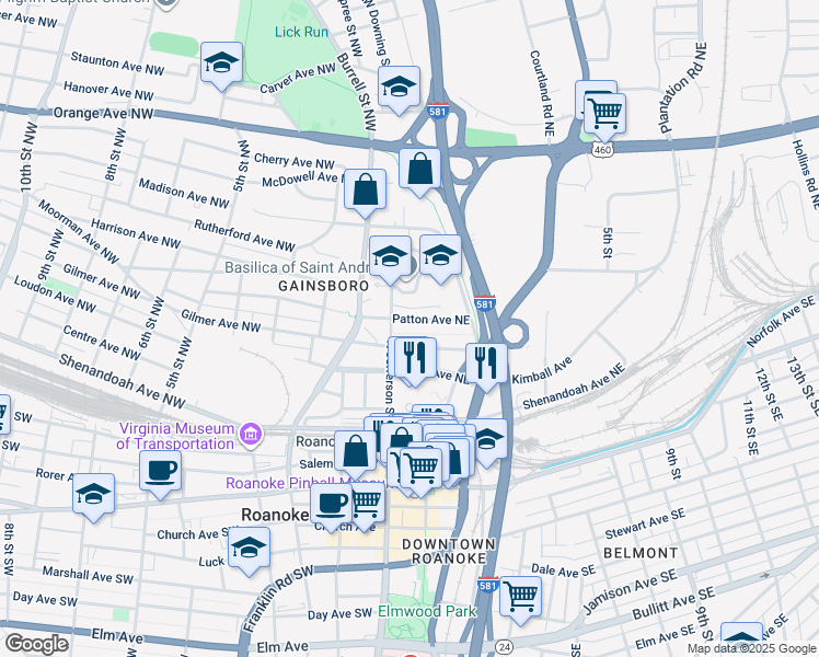 map of restaurants, bars, coffee shops, grocery stores, and more near 18 Gilmer Avenue Northeast in Roanoke