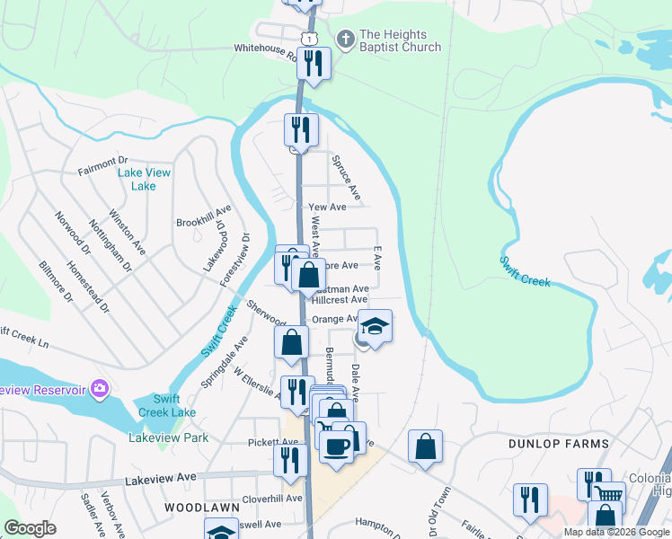 map of restaurants, bars, coffee shops, grocery stores, and more near 109 Moore Avenue in Colonial Heights