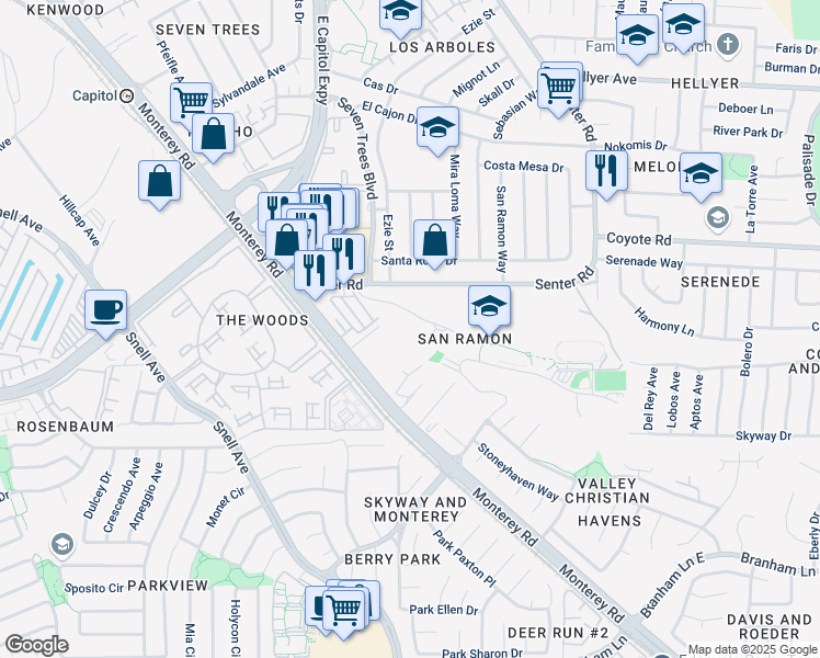 map of restaurants, bars, coffee shops, grocery stores, and more near 160 San Ramon Drive in San Jose