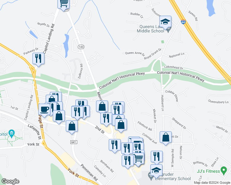 map of restaurants, bars, coffee shops, grocery stores, and more near 56 Priorslee Lane in Williamsburg