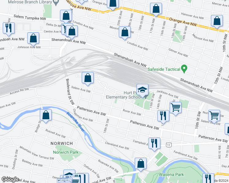 map of restaurants, bars, coffee shops, grocery stores, and more near 1802 Westview Avenue Southwest in Roanoke