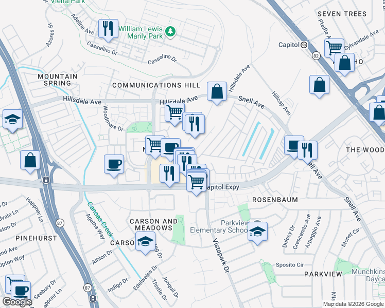 map of restaurants, bars, coffee shops, grocery stores, and more near 3906 Vistapark Drive in San Jose