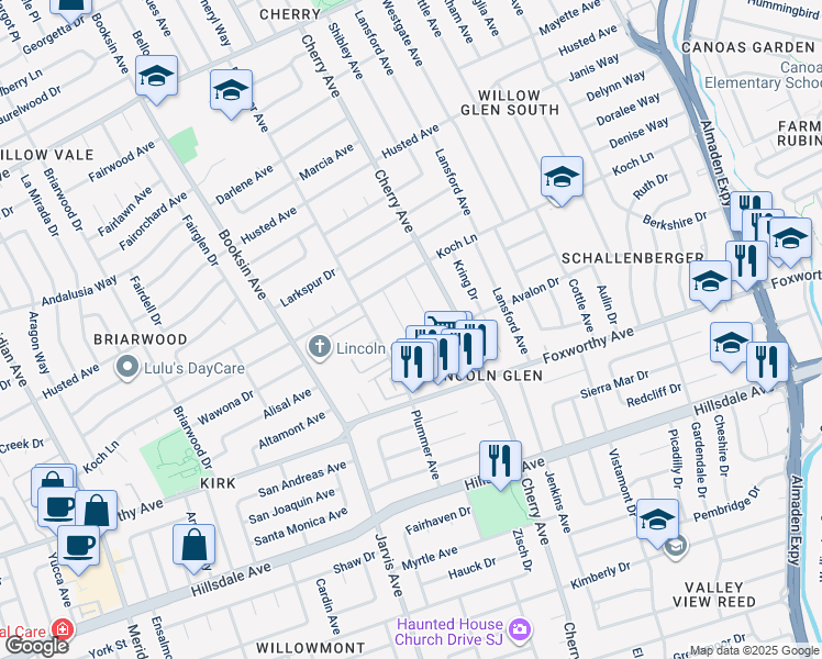 map of restaurants, bars, coffee shops, grocery stores, and more near 2660 Cardinal Lane in San Jose