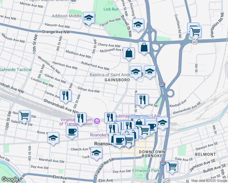 map of restaurants, bars, coffee shops, grocery stores, and more near 207 Gilmer Avenue Northwest in Roanoke