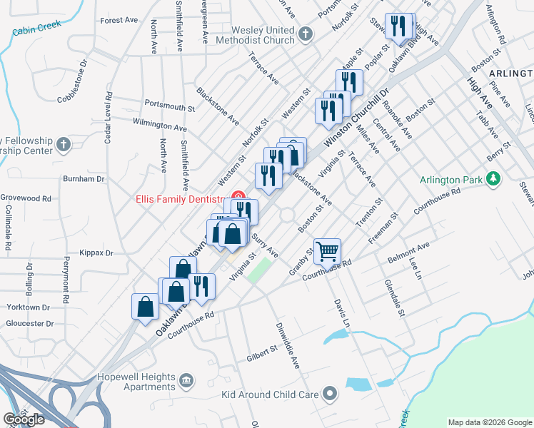 map of restaurants, bars, coffee shops, grocery stores, and more near 3404 Oaklawn Boulevard in Hopewell