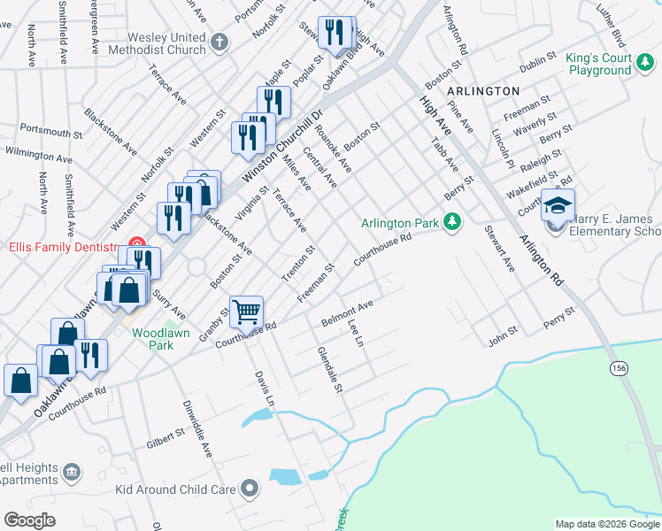 map of restaurants, bars, coffee shops, grocery stores, and more near 1500 Terrace Avenue in Hopewell