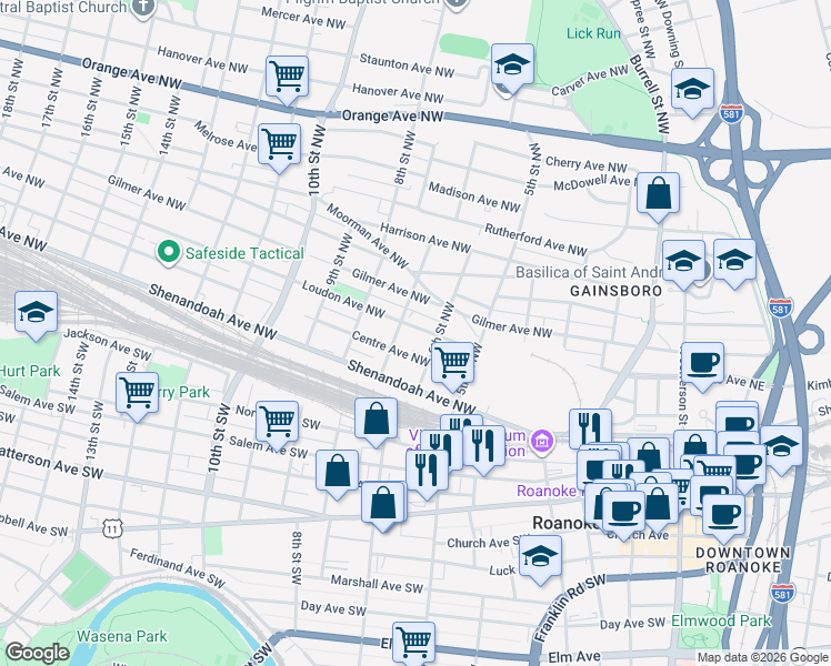 map of restaurants, bars, coffee shops, grocery stores, and more near 201-249 7th St NW in Roanoke
