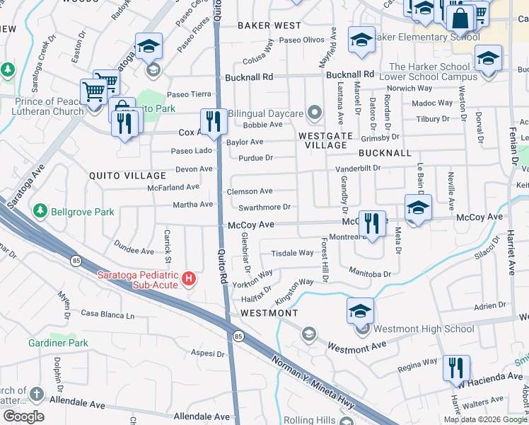map of restaurants, bars, coffee shops, grocery stores, and more near 18336 Swarthmore Drive in Saratoga
