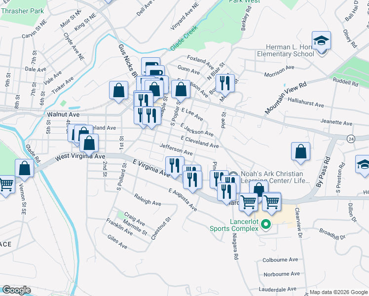 map of restaurants, bars, coffee shops, grocery stores, and more near 404-408 Jefferson Avenue in Vinton