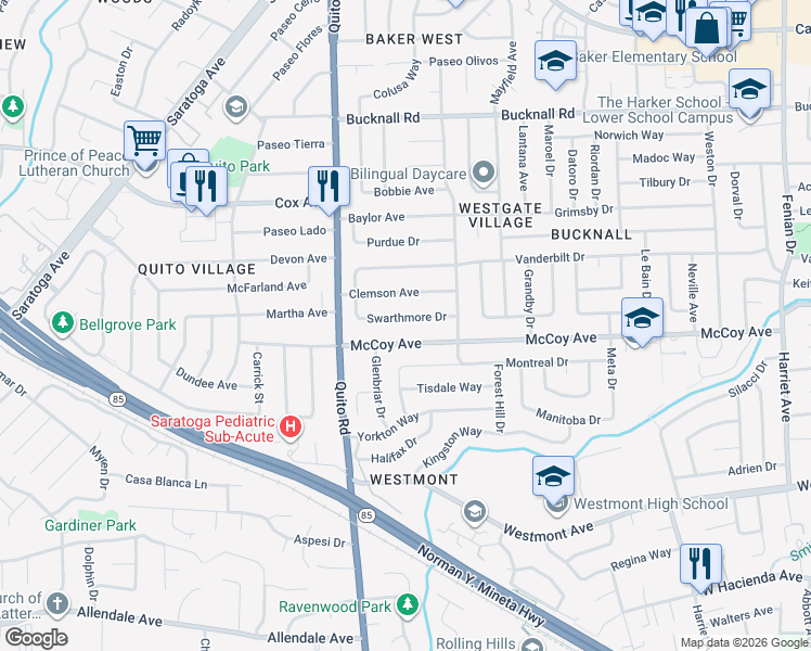 map of restaurants, bars, coffee shops, grocery stores, and more near 18336 Swarthmore Drive in Saratoga