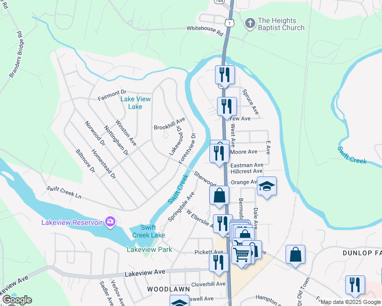 map of restaurants, bars, coffee shops, grocery stores, and more near 907 Forestview Drive in Colonial Heights