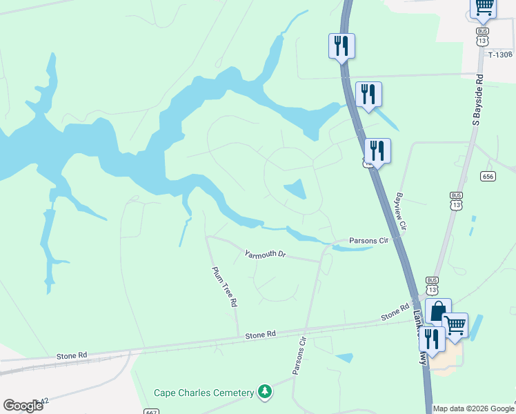map of restaurants, bars, coffee shops, grocery stores, and more near 3234 Tower Hill Circle in Cape Charles
