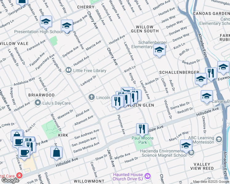 map of restaurants, bars, coffee shops, grocery stores, and more near Cardinal Lane in San Jose