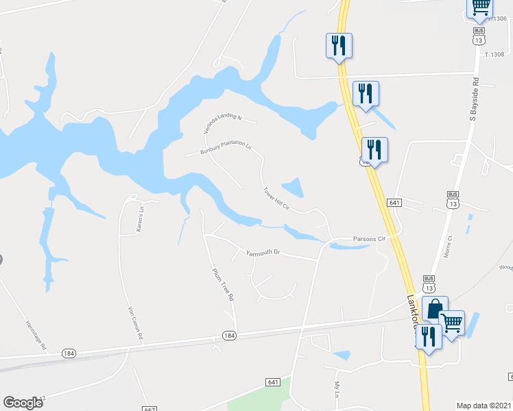 map of restaurants, bars, coffee shops, grocery stores, and more near 3234 Tower Hill Circle in Cape Charles