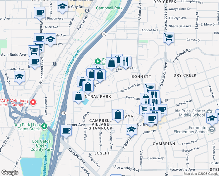 map of restaurants, bars, coffee shops, grocery stores, and more near 700 Parkdale Drive in Campbell