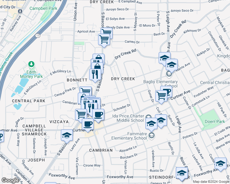 map of restaurants, bars, coffee shops, grocery stores, and more near 1993 Harris Avenue in San Jose