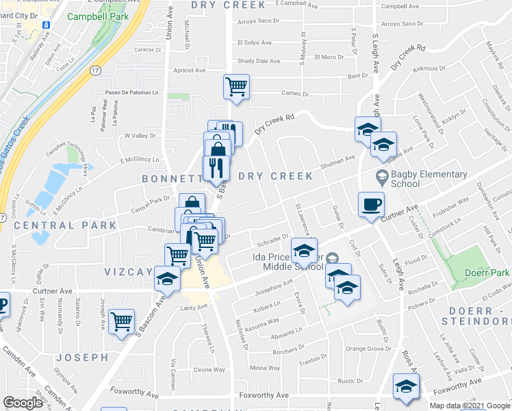 map of restaurants, bars, coffee shops, grocery stores, and more near 1993 Harris Avenue in San Jose