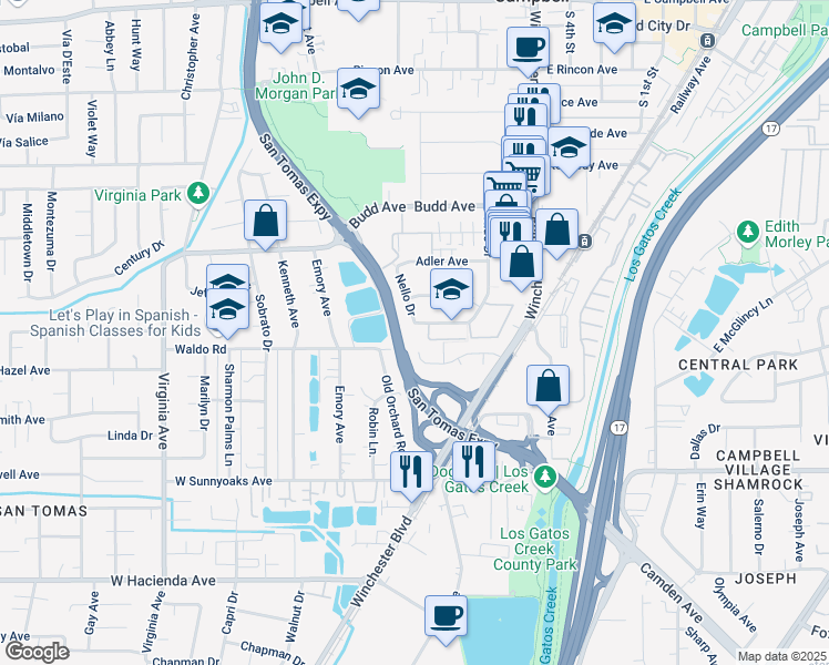 map of restaurants, bars, coffee shops, grocery stores, and more near 303 Friar Way in Campbell