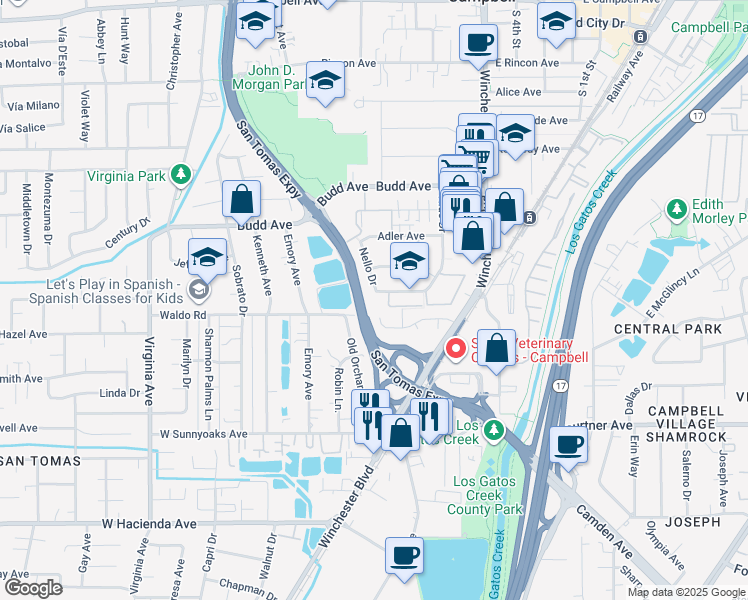 map of restaurants, bars, coffee shops, grocery stores, and more near 303 Friar Way in Campbell