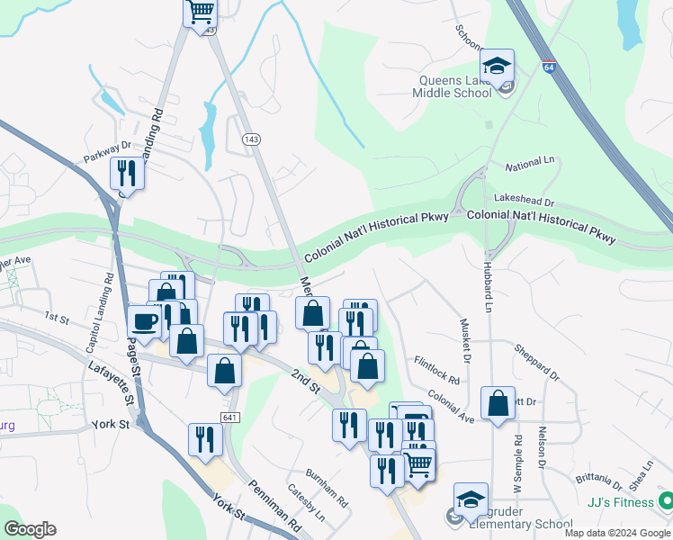 map of restaurants, bars, coffee shops, grocery stores, and more near 35 Priorslee Lane in Williamsburg