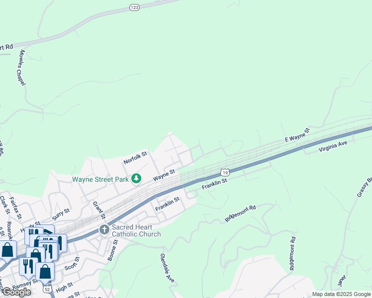 map of restaurants, bars, coffee shops, grocery stores, and more near 2-8 Booker St in Bluefield