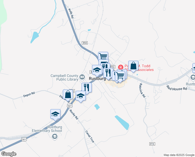 map of restaurants, bars, coffee shops, grocery stores, and more near in Rustburg