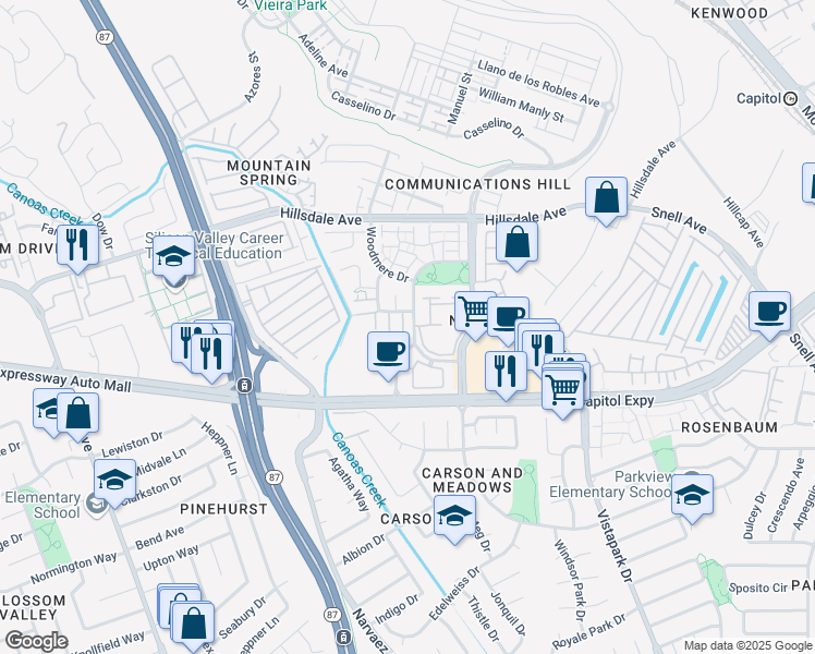 map of restaurants, bars, coffee shops, grocery stores, and more near 3346 City Lights Place in San Jose