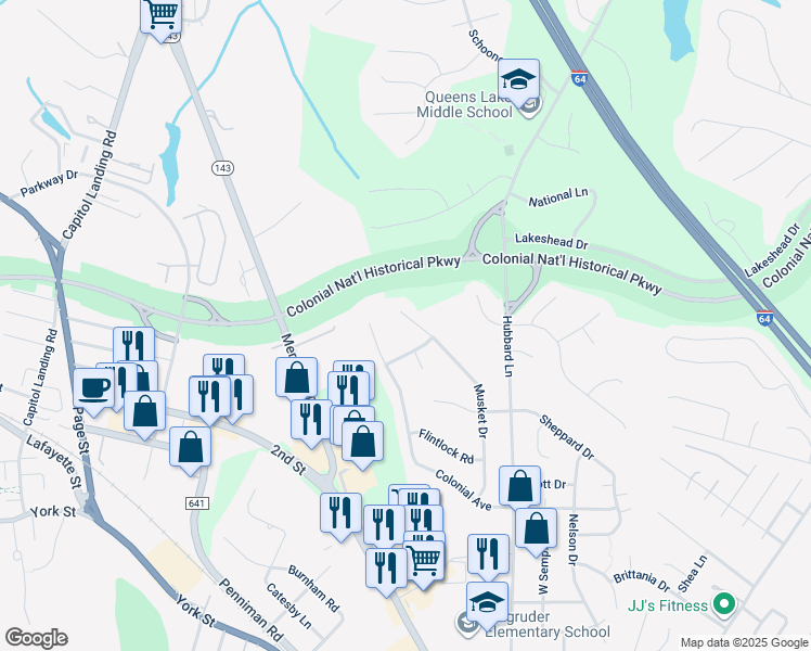 map of restaurants, bars, coffee shops, grocery stores, and more near 607 Musket Drive in Williamsburg