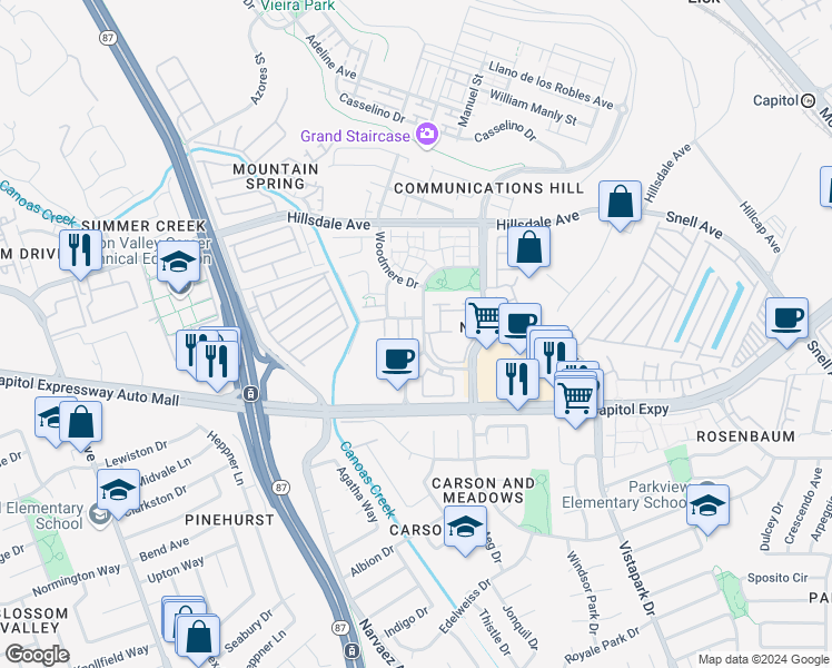 map of restaurants, bars, coffee shops, grocery stores, and more near 3346 City Lights Place in San Jose