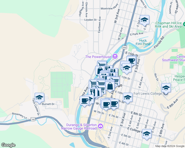map of restaurants, bars, coffee shops, grocery stores, and more near 1201 Roosa Avenue in Durango