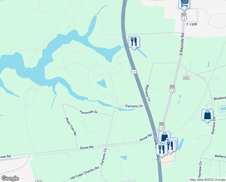 map of restaurants, bars, coffee shops, grocery stores, and more near 3382 Tower Hill Circle in Cape Charles